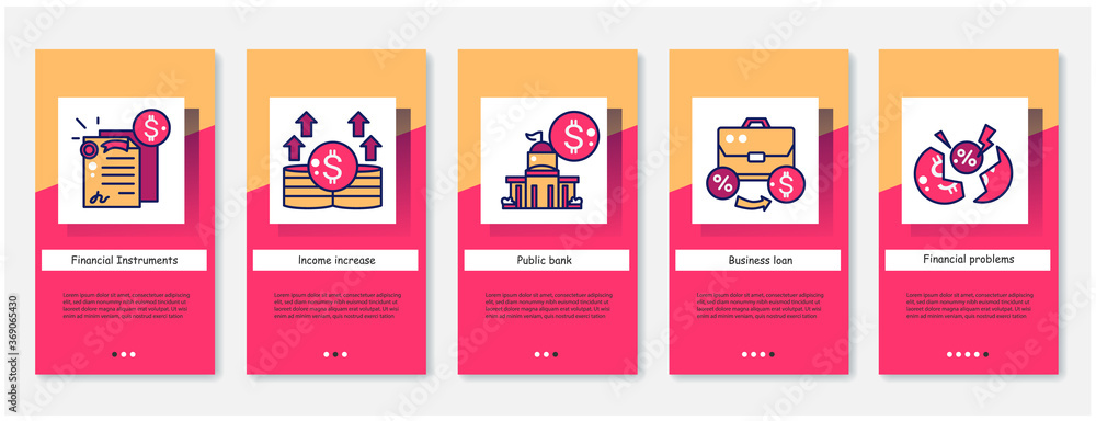 Poster banking, financial instruments and loan onboarding mobile app screens. personal and business investm