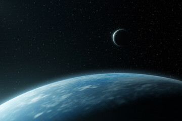 View of the surface of a blue planet with a satellite above the horizon line in space