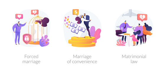 Family law abstract concept vector illustration set. Forced marriage, marriage of convenience, matrimonial law, domestic violence, sexual abuse, child custody, wedding rings abstract metaphor.