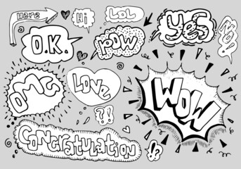 Hand drawn set of speech bubbles with handwritten text:no,ok,hi,wow,pow,here,lol,omg,congratulation,love.