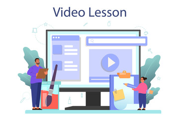 Art school education online service or platform. Student holding