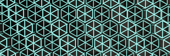 3d rendering of turquoise hexagons on black background. Abstract background with hexagons. Pattern for texture of wallpaper. 