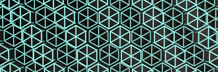 3d rendering of turquoise hexagons on black background. Abstract background with hexagons. Pattern for texture of wallpaper. 