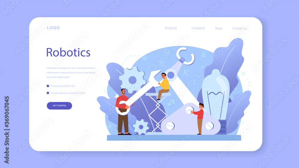 Poster robotics school subject web banner or landing page. robot