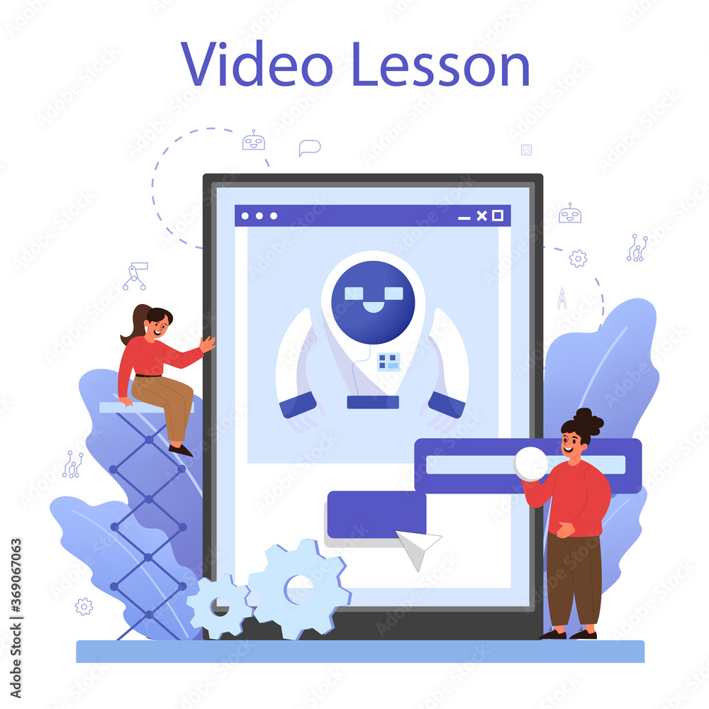 Poster robotics school subject online service or platform. robot engineering