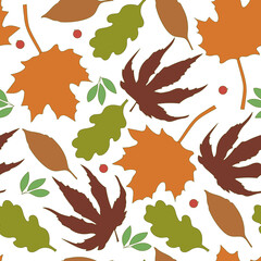 Seamless pattern. Autumn theme, leaves of different trees. Simple cartoon flat style. For paper, cover, fabric, gift wrapping, wall art, interior decor