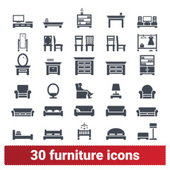 Furniture and home interior accessories icons. Hallway, dining, living room, bedroom, home office simple illustrations. Vector pictograms for web and mobile app isolated on white background.