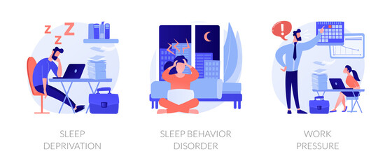 Stress management abstract concept vector illustration set. Sleep deprivation and behavior disorder, work pressure, insomnia, clinical diagnostic, mental health, chronic anxiety abstract metaphor.