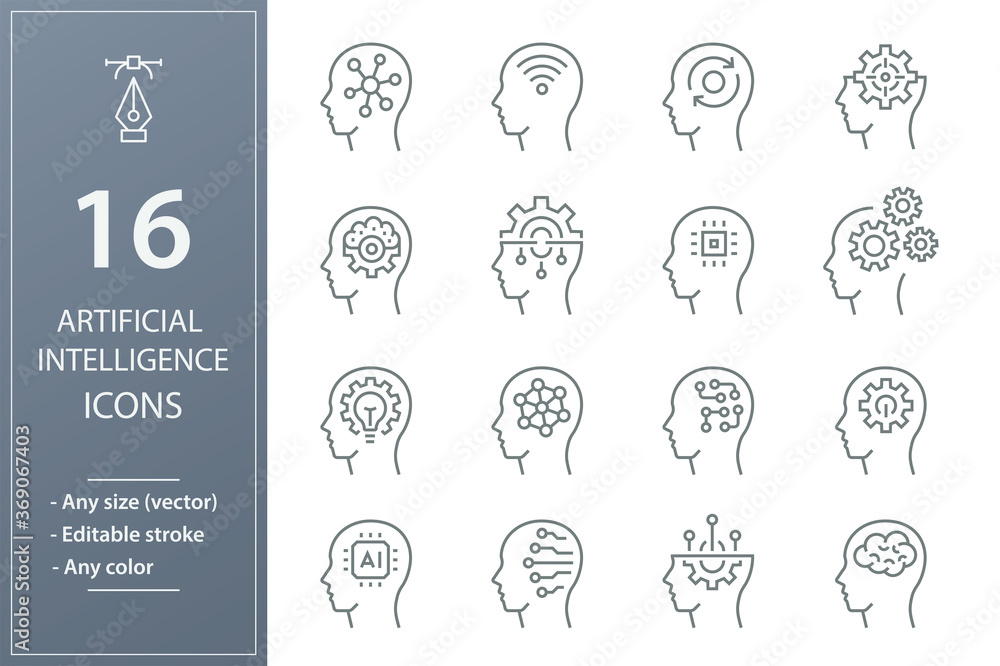 Poster artificial intelligence line icons set. black vector illustration. editable stroke.