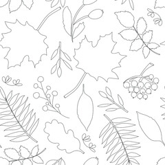 Leaves, berries and tree branches.  Line drawing, seamless pattern. Autumn and summer design.  For paper, cover, fabric, gift wrapping, wall art, interior decor.