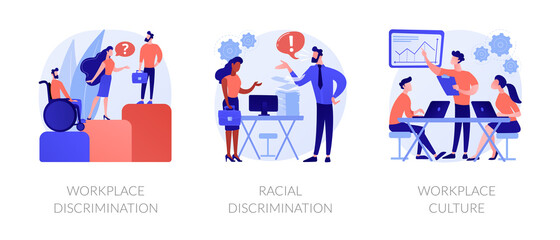 Workplace culture abstract concept vector illustration set. Workplace and racial discrimination, equal employment opportunity, shared values, sexual harassment, prejudice and bias abstract metaphor.