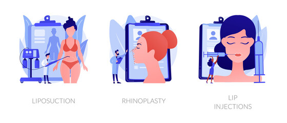 Beauty procedures abstract concept vector illustration set. Liposuction and rhinoplasty, filler lip injection, plastic surgery and body contouring, improve aesthetic appearance abstract metaphor.