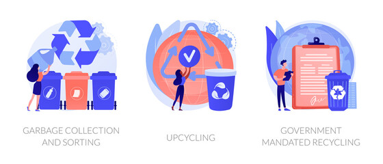 Fototapeta premium Waste collection and recycling problems abstract concept vector illustration set. Garbage sorting, upcycling, government mandated recycling, household disposal, creative reuse abstract metaphor.