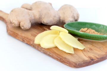 close up of ginger an ingredient for Asian cuisine for aromatic, seasoning  also use for natural medicine.