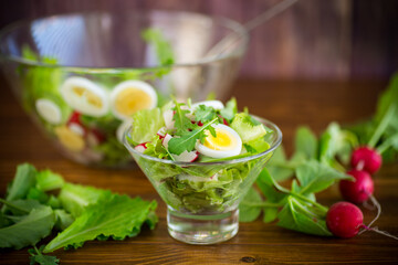 spring salad with arugula, boiled eggs, fresh radish, salad leaves in a glass bowl