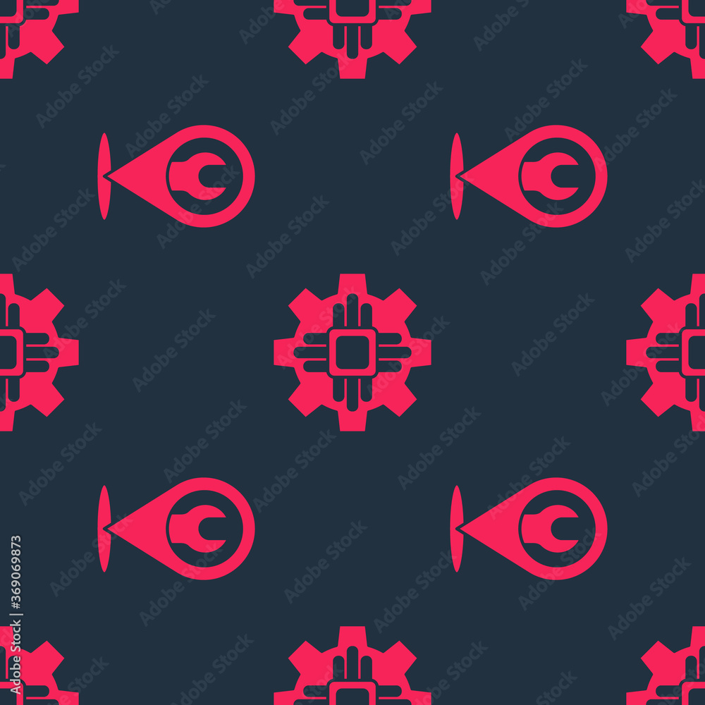 Poster set location with wrench spanner and processor on seamless pattern. vector.