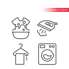 Laundry service thin line icon set. Iron with steam, dry cleaning, washing machine symbols. Outline, editable stroke icons.