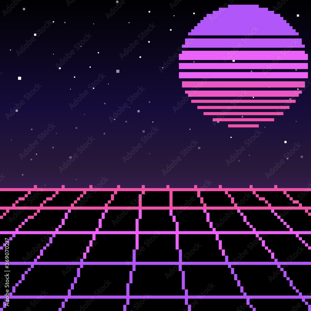 Poster vector pixel art of 80s retro sci-fi background. pixel art background. 8bit