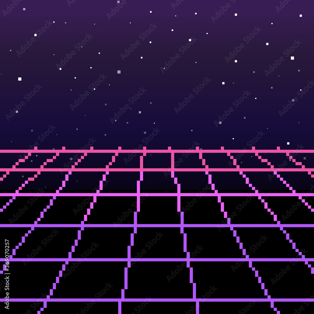 Poster vector pixel art of 80s retro sci-fi background. pixel art background. 8bit