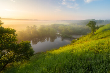 Fototapeta na wymiar Summer foggy morning. Dawn on a foggy summer morning. View of the floodplain of the river from a high hill. The rays of the sun make their way through the thick fog
