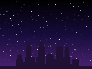 Vector pixel night city background. Pixel art background. 8bit