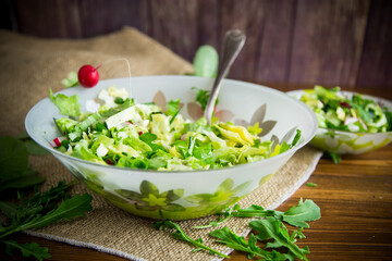 Spring salad from early vegetables, lettuce leaves, radishes and herbs in a plate on the wooden table