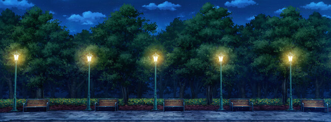 Fototapety  Park Anime Background - Night and Light on. 