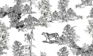 Seamless Pattern Pastoral Landscape Panorama with Cheetah Wild Animal in Trees and Bushes, Black and White Hand Drawn Etching European Design on White Background - 369072484