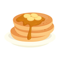 delicious pancake with syrup in dish, on white background