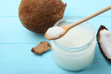 coconut oil and coconuts on the table
