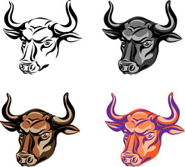 Bull, various images of the bull's head, various graphics and color images, portrait