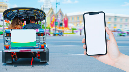 contactless and technology in mobile for support travel in city by local taxi (tuk tuk) on street...