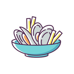 Moules frites RGB color icon. Traditional mussels and chips. French national meal. Brussel culinary. European cuisine recipe. Ingredient for cookery. French fries. Isolated vector illustration