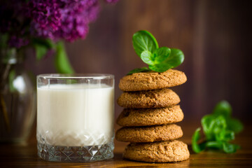 oatmeal cookies with a glass of fresh milk for breakfast