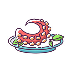 Polvo RGB color icon. Portuguese octopus meal. Traditional dish with fresh seafood. Japanese nutritious fish. Oriental cuisine. Ingredient for recipe. Raw octopus. Isolated vector illustration