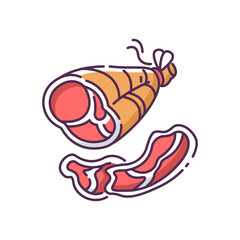 Parma ham RGB color icon. Roasted pork on bone. Smoked turkey. Sliced steak for picnic. National meat dish. Italian prosciutto. Lamb for lunch. Ingredient for diner. Isolated vector illustration