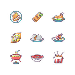 Cafe meals RGB color icons set. Wrapped shawarma with meat and lettuce. Peking duck. Ukrainian borscht. Khachapuri recipe. Scottish haggis. Exotic dish. Fast food. Isolated vector illustrations