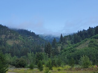 Fototapeta na wymiar Low clouds and tree covered hills