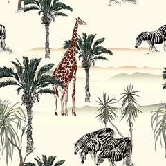 Foto op Plexiglas Tropische print Safari landschap Giraffe, Zebra& 39 s Wildlife in Palms Desert Africa, kinderen Wallpaper Design naadloze patroon, kwekerij Hand getekende illustratie naakt kleuren,