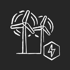 Wind power plant chalk white icon on black background. Alternative energy industry. Using renewable natural resources, electricity generation. Wind turbines isolated vector chalkboard illustration