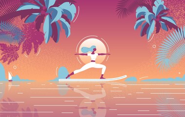 Obraz na płótnie Canvas Sunset sup yoga vector concept illustration. Tropical paradise with woman flat character, palms and sea landscape in vibrant colors