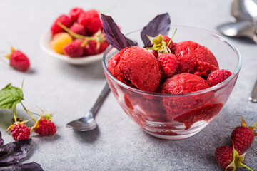 Organic raspberry Sorbet Ice Cream Balls in glass Ready to Eat. Organic Food.