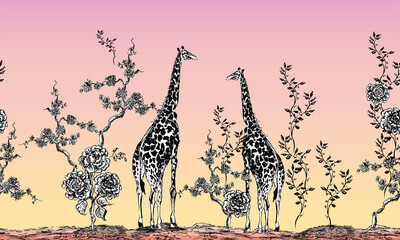 Seamless Border Giraffe Couple in Chinoiserie Blooming Trees on Sunset Lithography, Sunset Panorama Landscape with Giraffes and Roses Flowers Toile