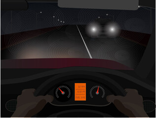 Vector illustration of swirl marks on windshield leading to poor visibility at night