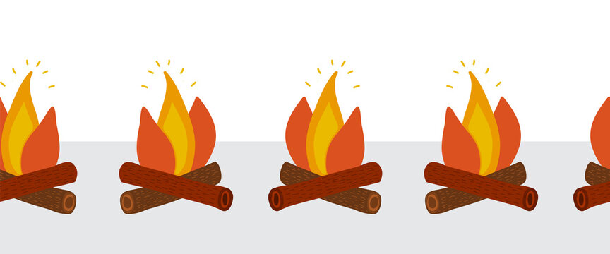 Campfire seamless vector border. Wood campfire pattern. Outdoor bonfire, fire burning wooden logs, camping fireplace. Firewood flames, bonfire flame. Cartoon vector illustration isolated symbols 