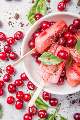 Homemade Vegan Cherry Popsicles in bowl with Coconut Milk, basil. Summer food concept top view