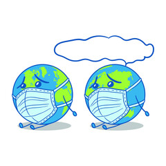 Character mascot sad globe with mask and box text