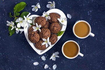 Still life with apple tree flowers and homemade chocolate cookies. Dessert for served for coffee break on a heart shaped plate. Snack on a spring day in the garden.