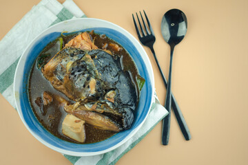 Salmon head soup soy sauce. Japanese food