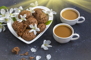 Spring composition with apple tree flowers and homemade chocolate cookies. Dessert for served for coffee break on a heart shaped plate. Snack on a spring day in the garden.